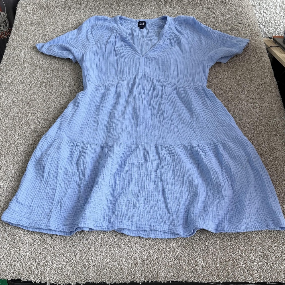 Gap Dress Womens L Light Blue Short Sleeve V Neck Cotton Gauze A-Line Sundress